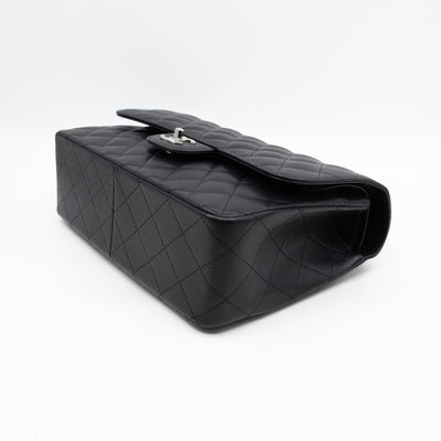 Classic Double Flap Jumbo Black Caviarskin Leather Silver