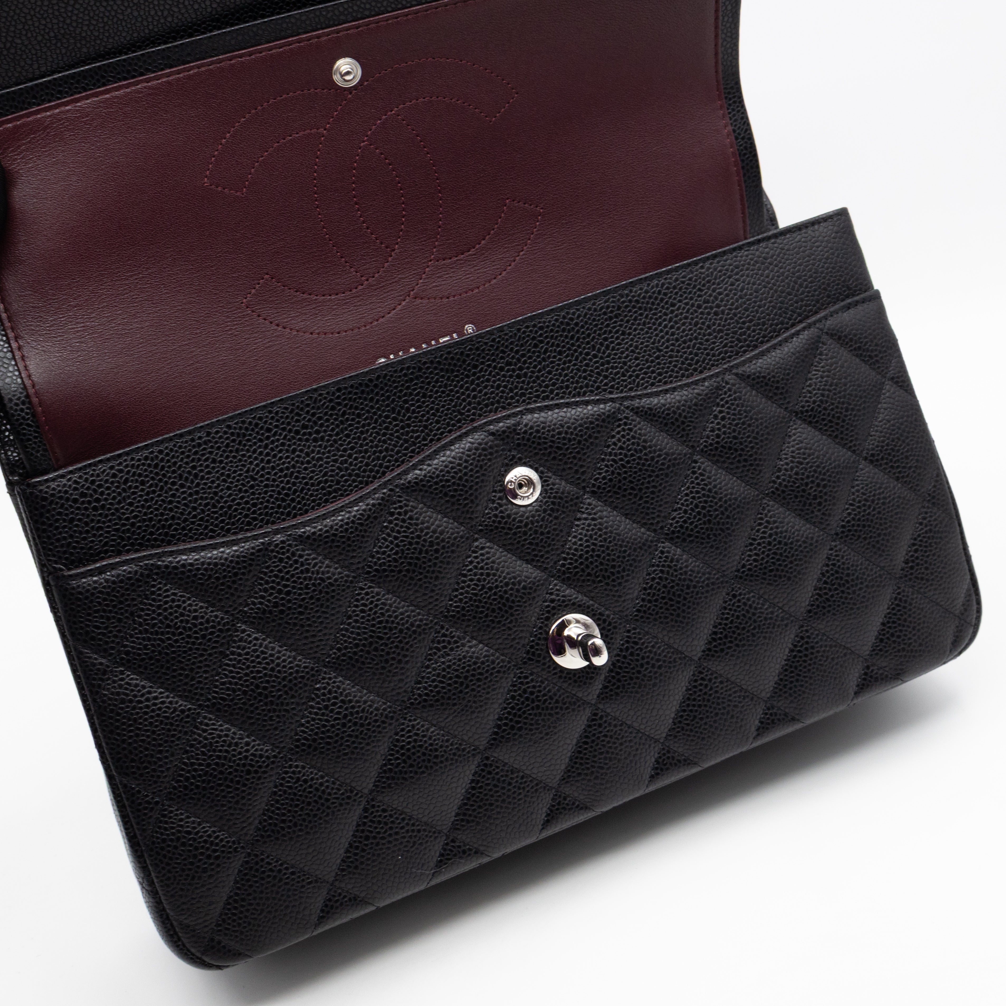 Classic Double Flap Jumbo Black Caviarskin Leather Silver
