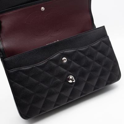 Classic Double Flap Jumbo Black Caviarskin Leather Silver