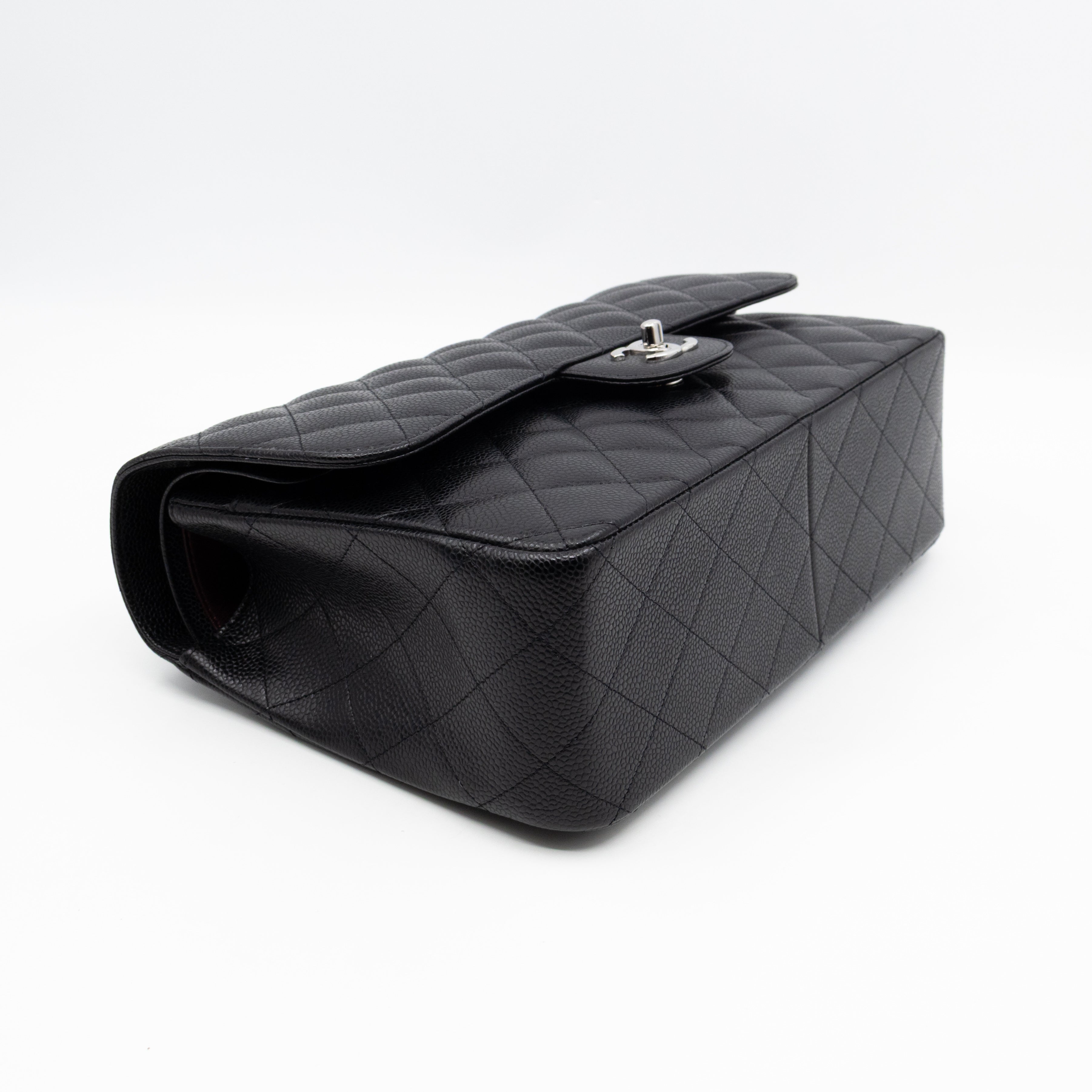 Classic Double Flap Jumbo Black Caviarskin Leather Silver