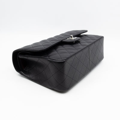 Classic Double Flap Jumbo Black Caviarskin Leather Silver