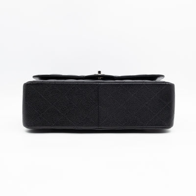 Classic Double Flap Jumbo Black Caviarskin Leather Silver