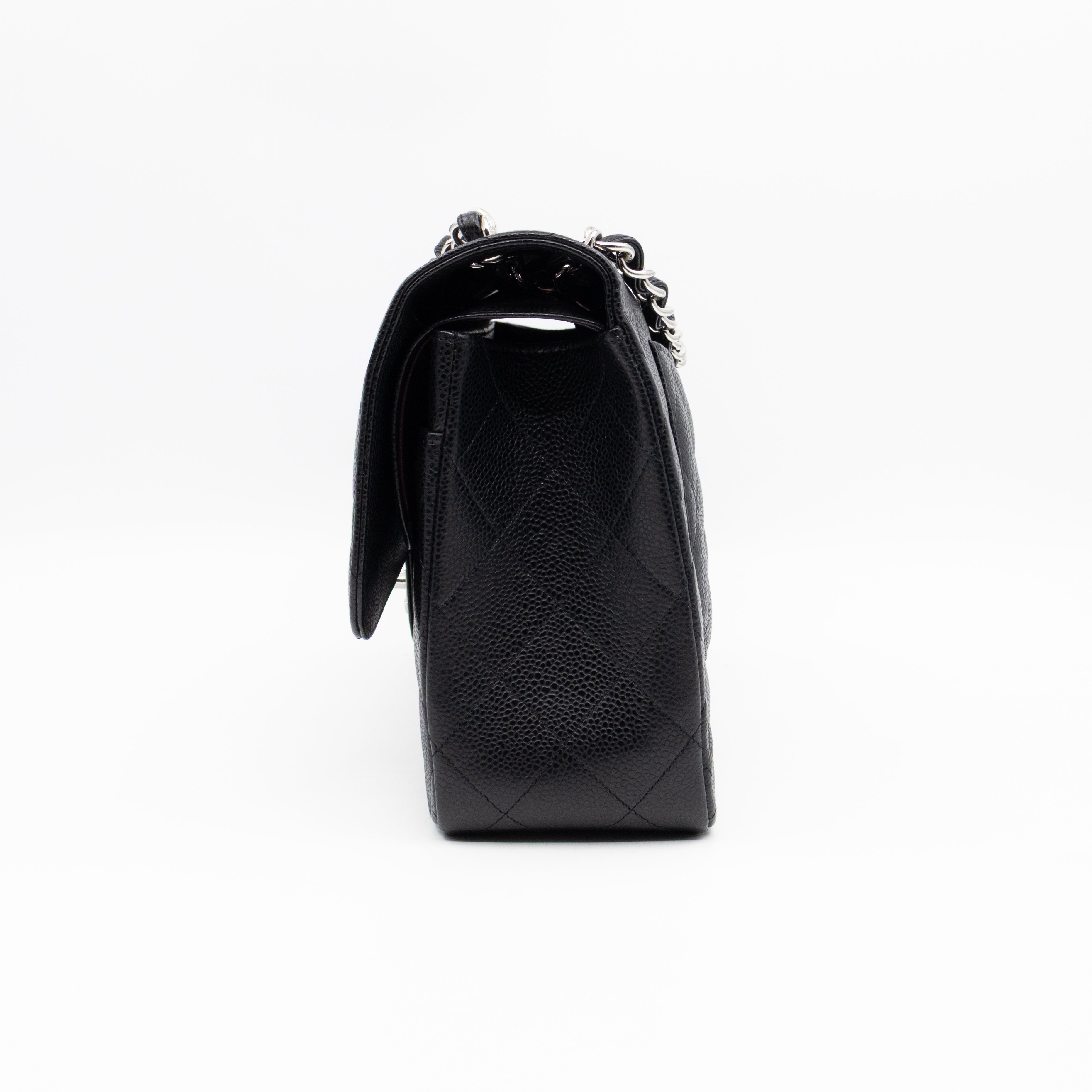 Classic Double Flap Jumbo Black Caviarskin Leather Silver