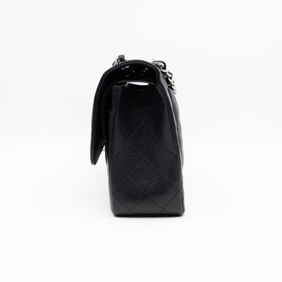 Classic Double Flap Jumbo Black Caviarskin Leather Silver