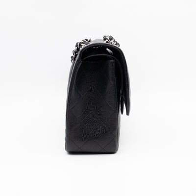 Classic Double Flap Jumbo Black Caviarskin Leather Silver