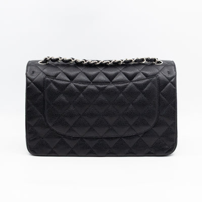 Classic Double Flap Jumbo Black Caviarskin Leather Silver