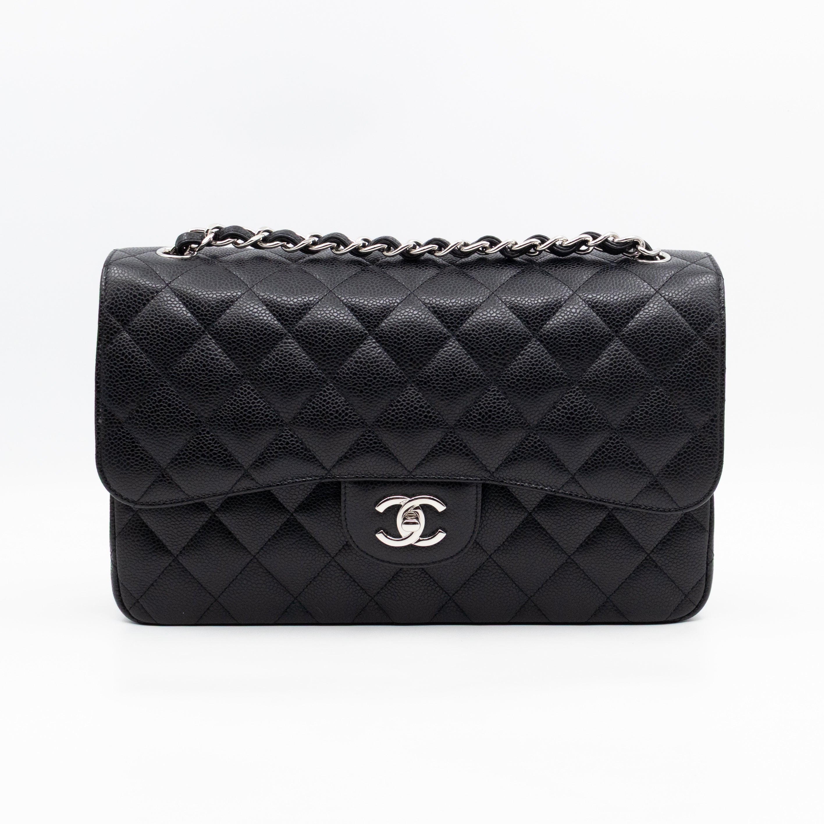 Classic Double Flap Jumbo Black Caviarskin Leather Silver