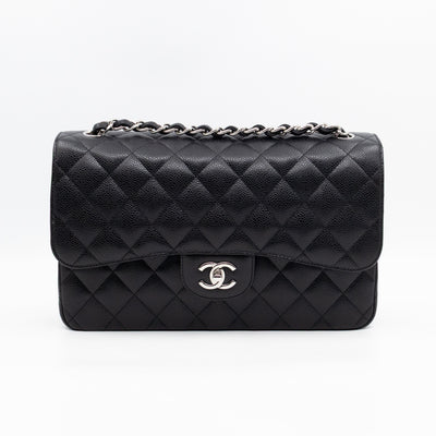 Classic Double Flap Jumbo Black Caviarskin Leather Silver