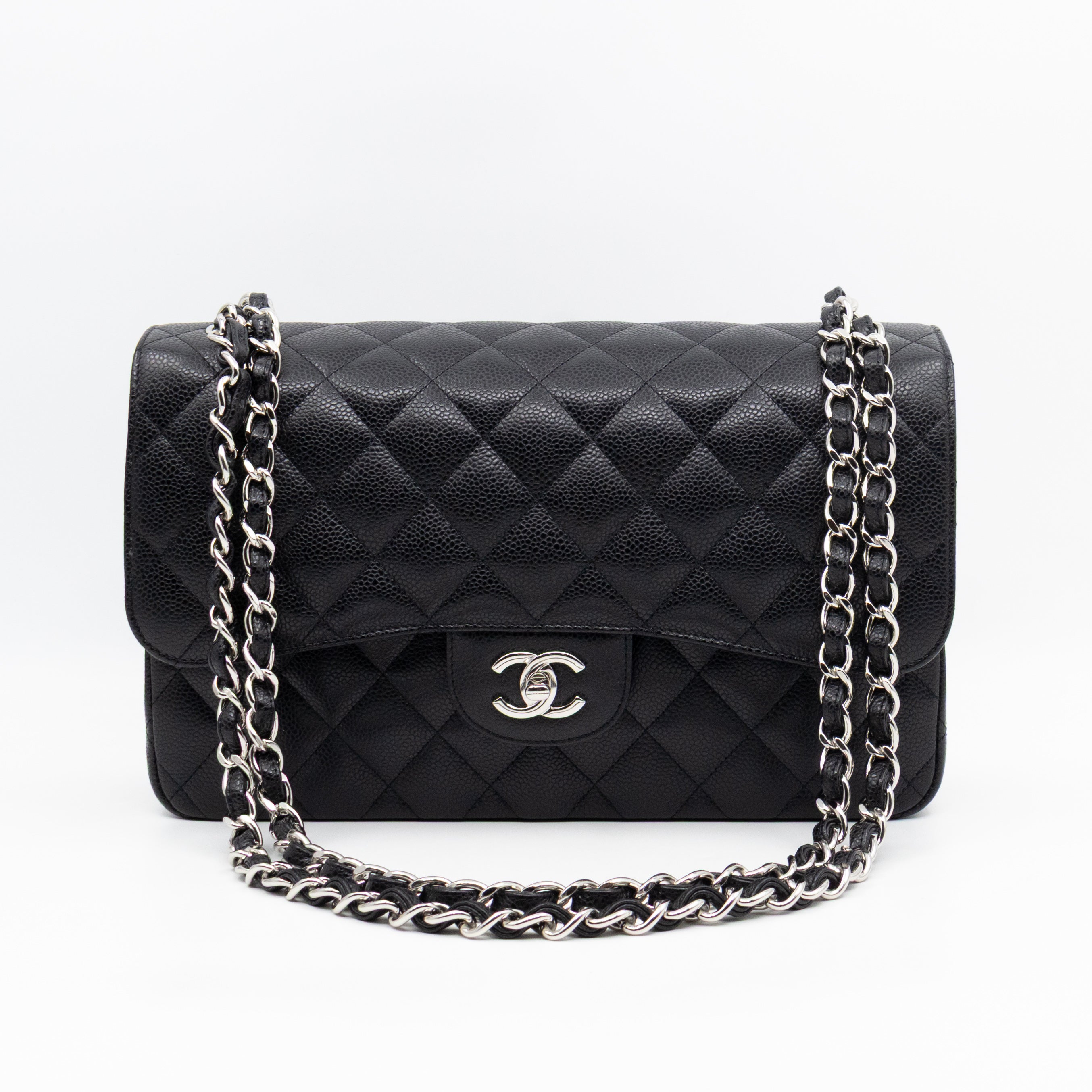 Classic Double Flap Jumbo Black Caviarskin Leather Silver