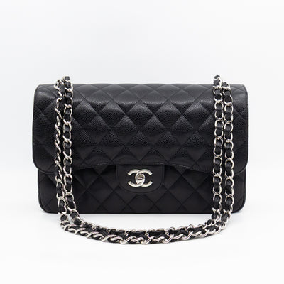 Classic Double Flap Jumbo Black Caviarskin Leather Silver