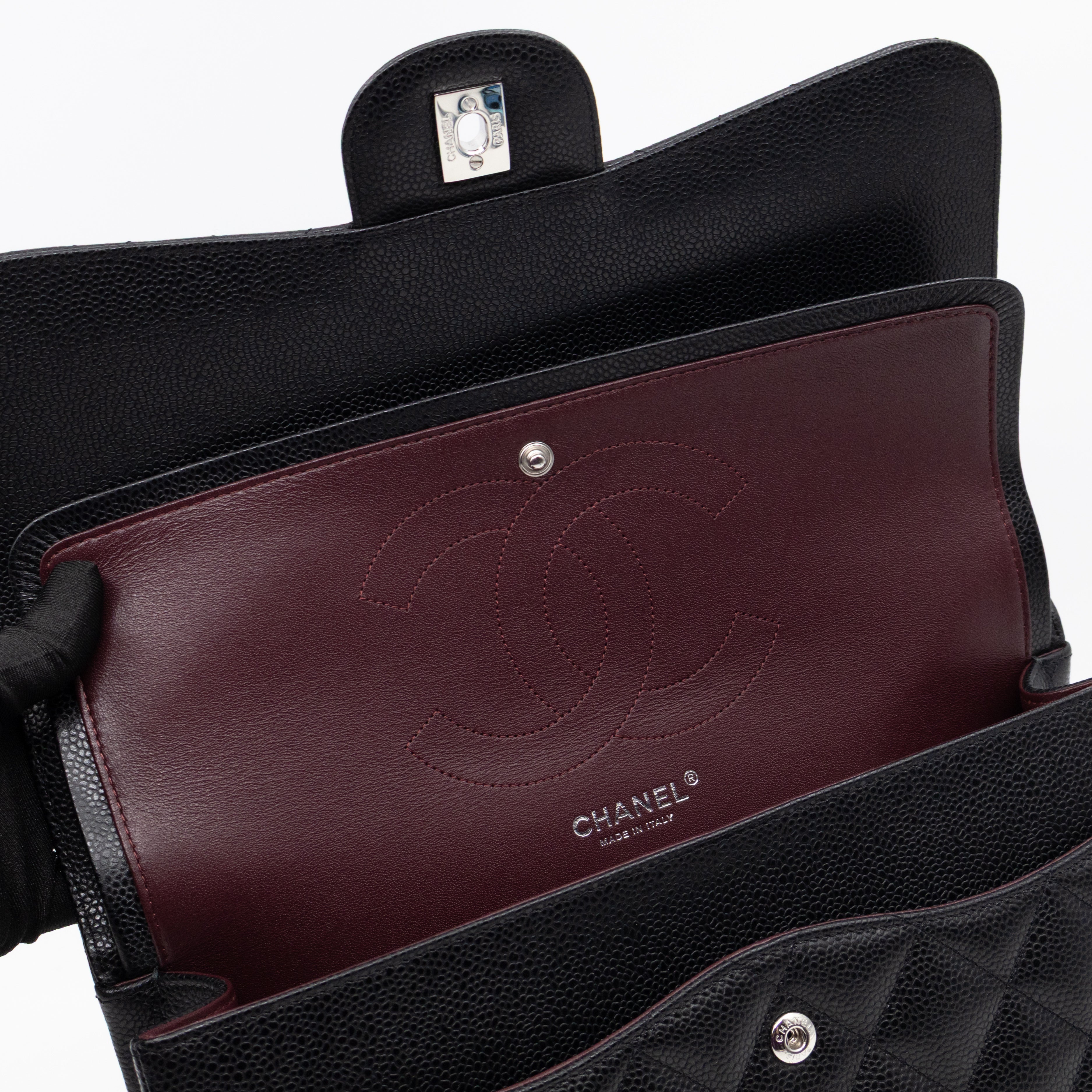 Classic Double Flap Jumbo Black Caviarskin Leather Silver