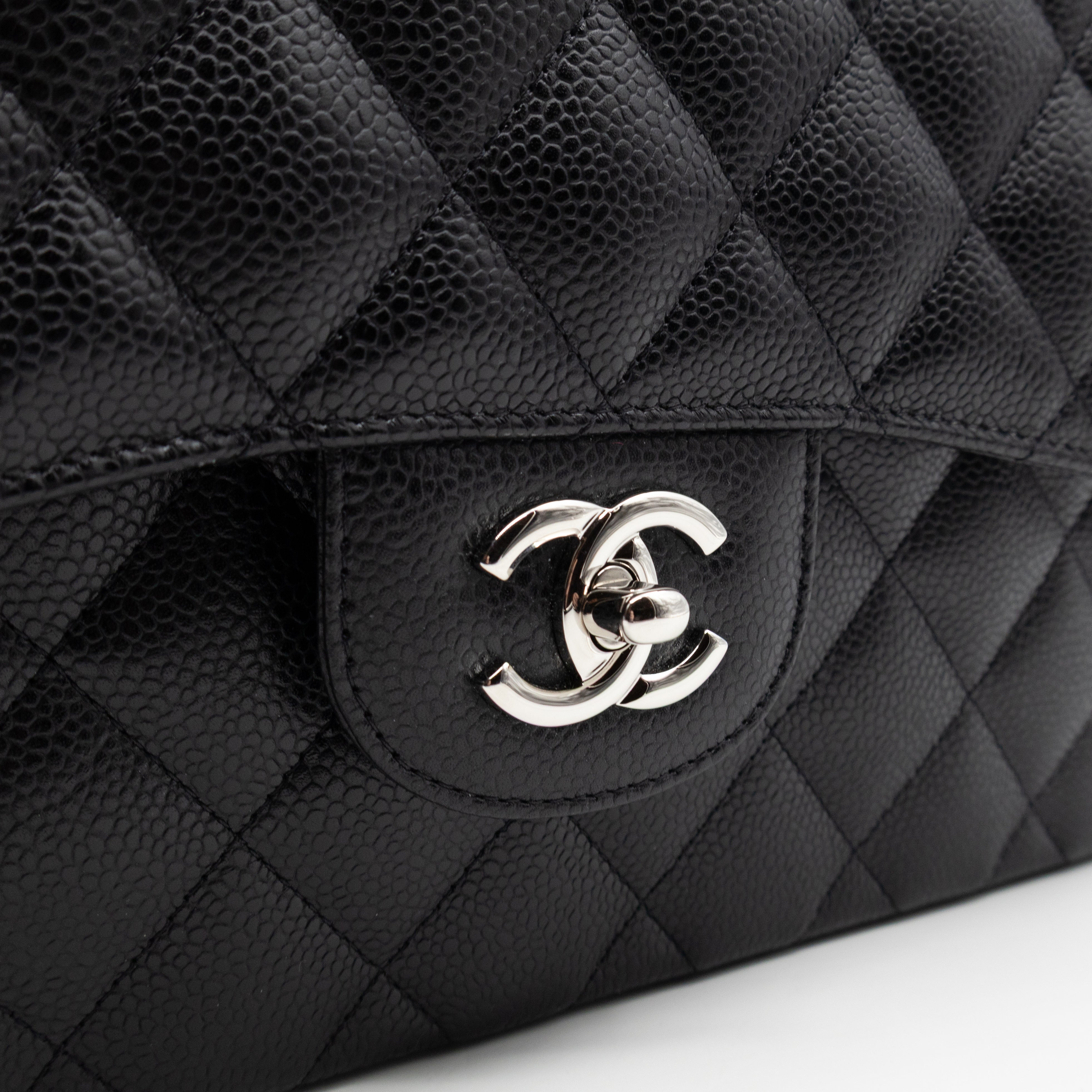 Classic Double Flap Jumbo Black Caviarskin Leather Silver