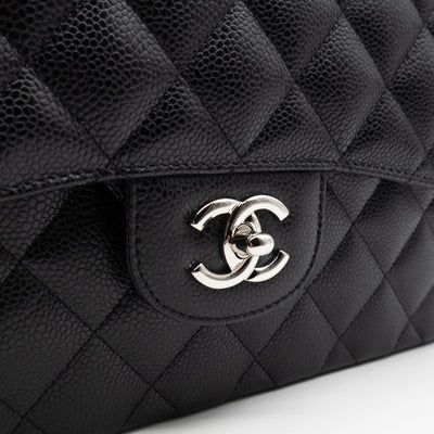Classic Double Flap Jumbo Black Caviarskin Leather Silver