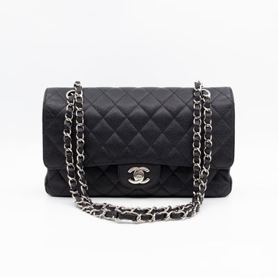 Classic Double Flap Medium Black Caviar Leather Silver