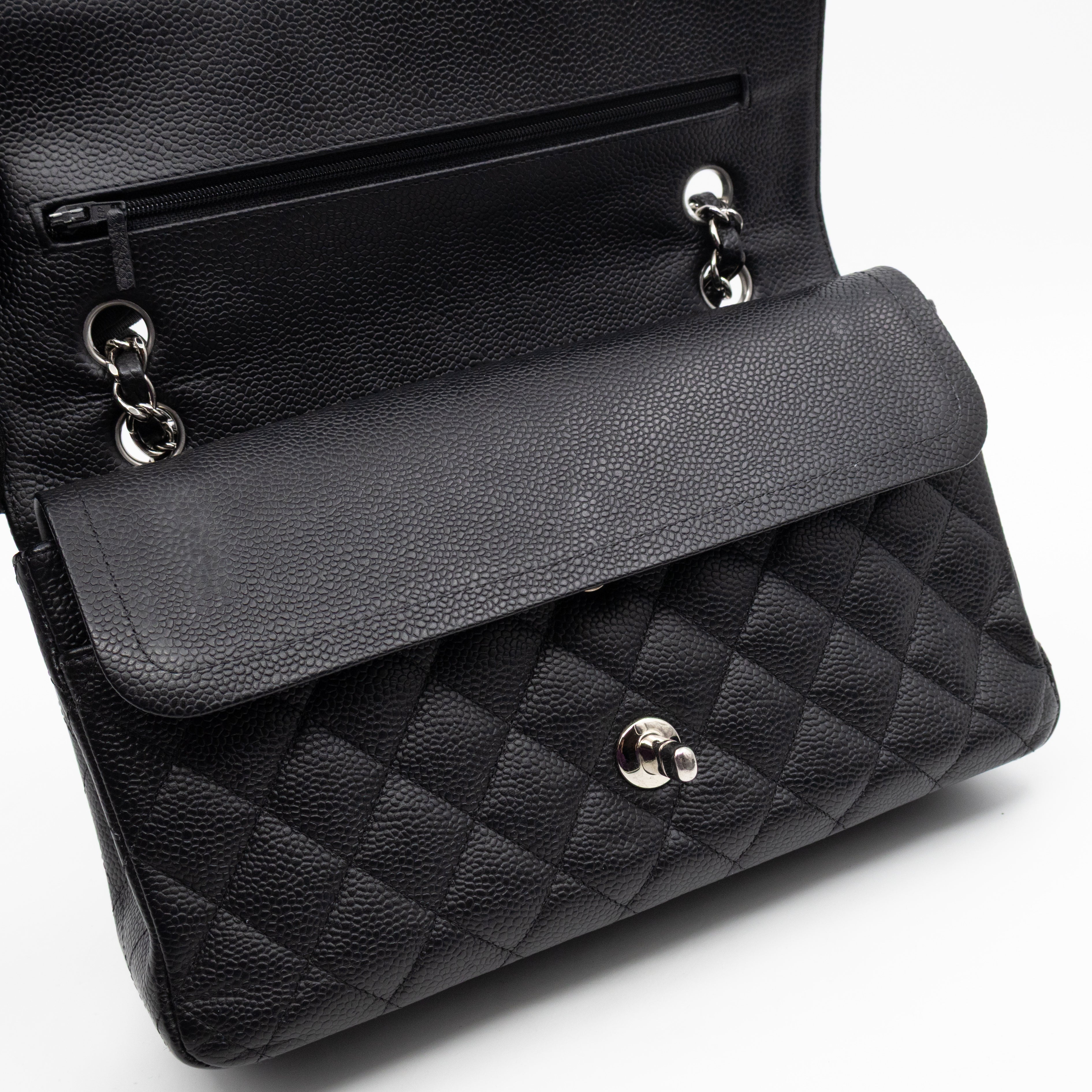 Classic Double Flap Medium Black Caviar Leather Silver