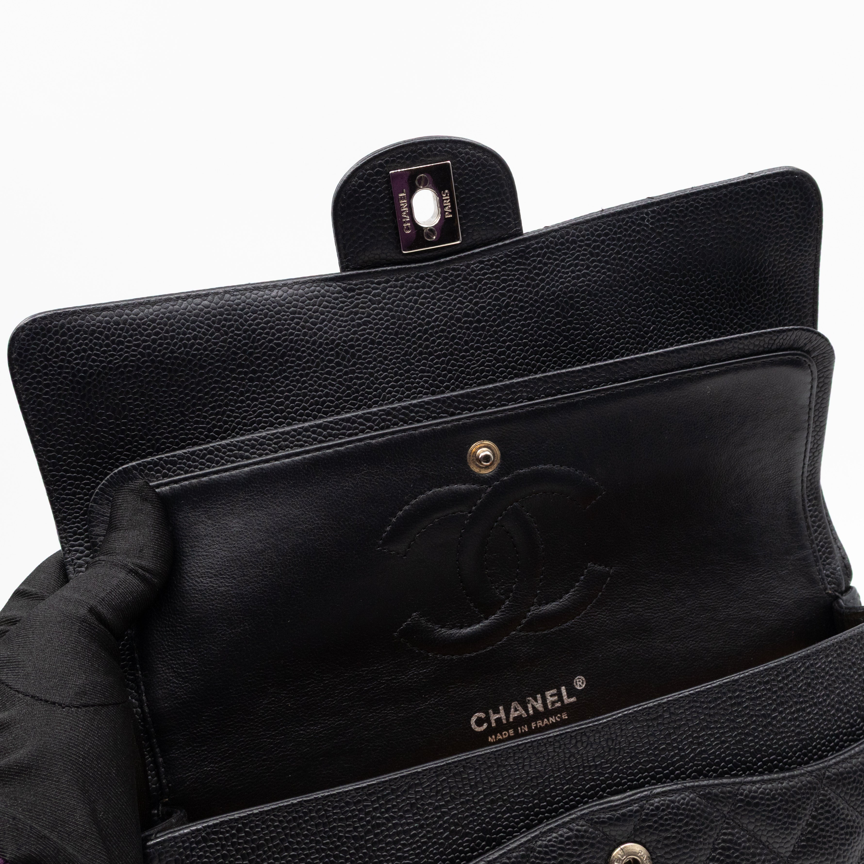 Classic Double Flap Medium Black Caviar Leather Silver