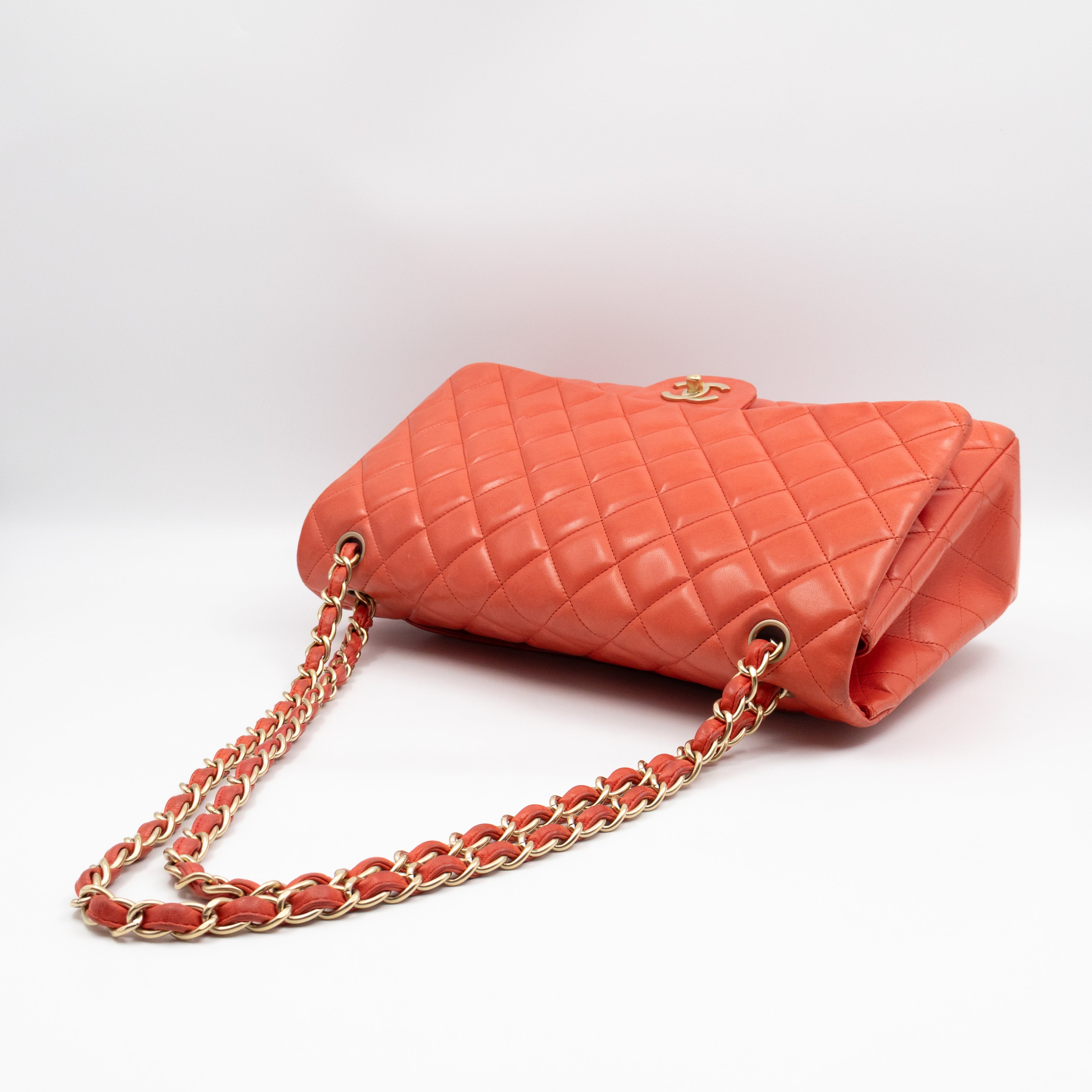 Classic Single Flap Maxi Orange Lambskin Leather