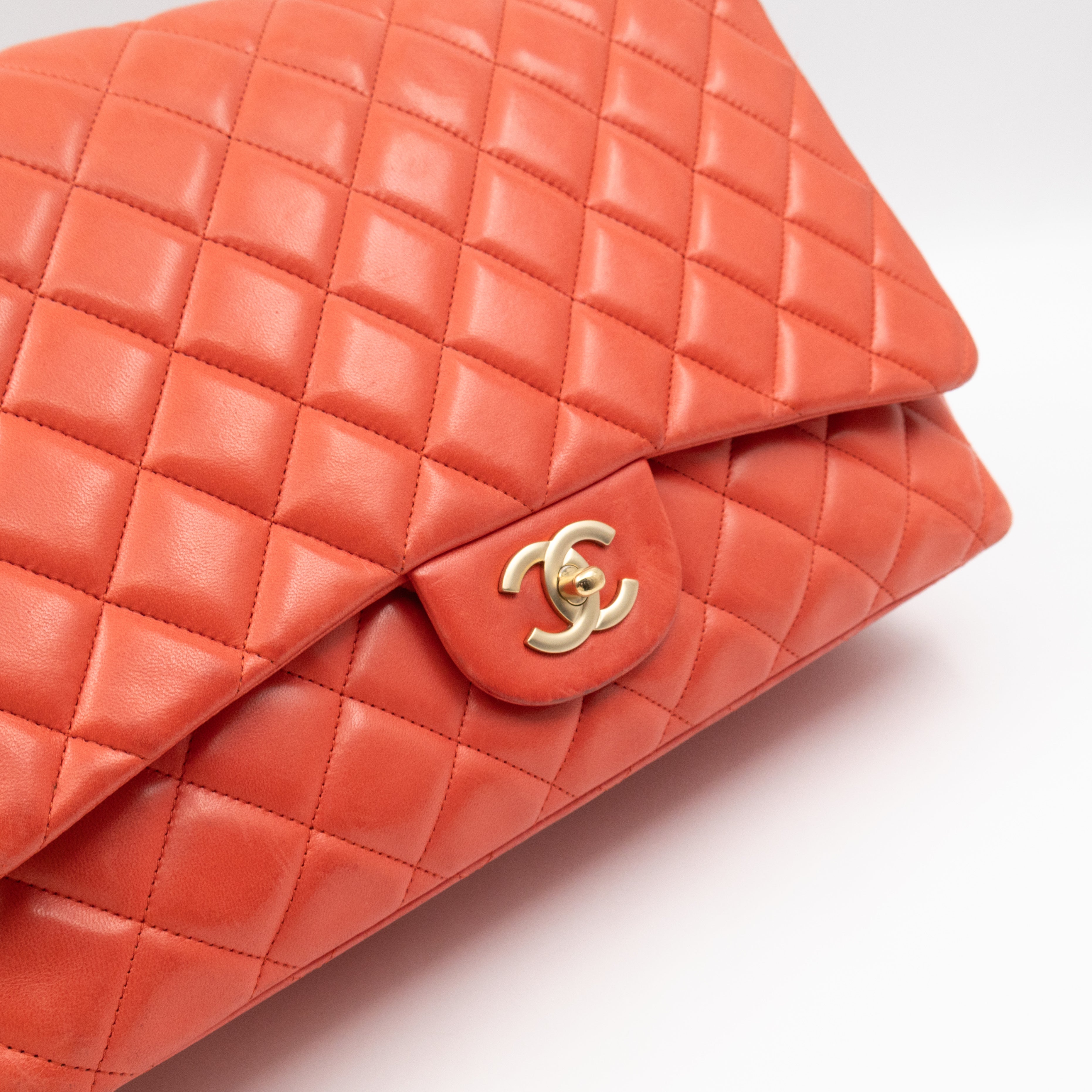Classic Single Flap Maxi Orange Lambskin Leather