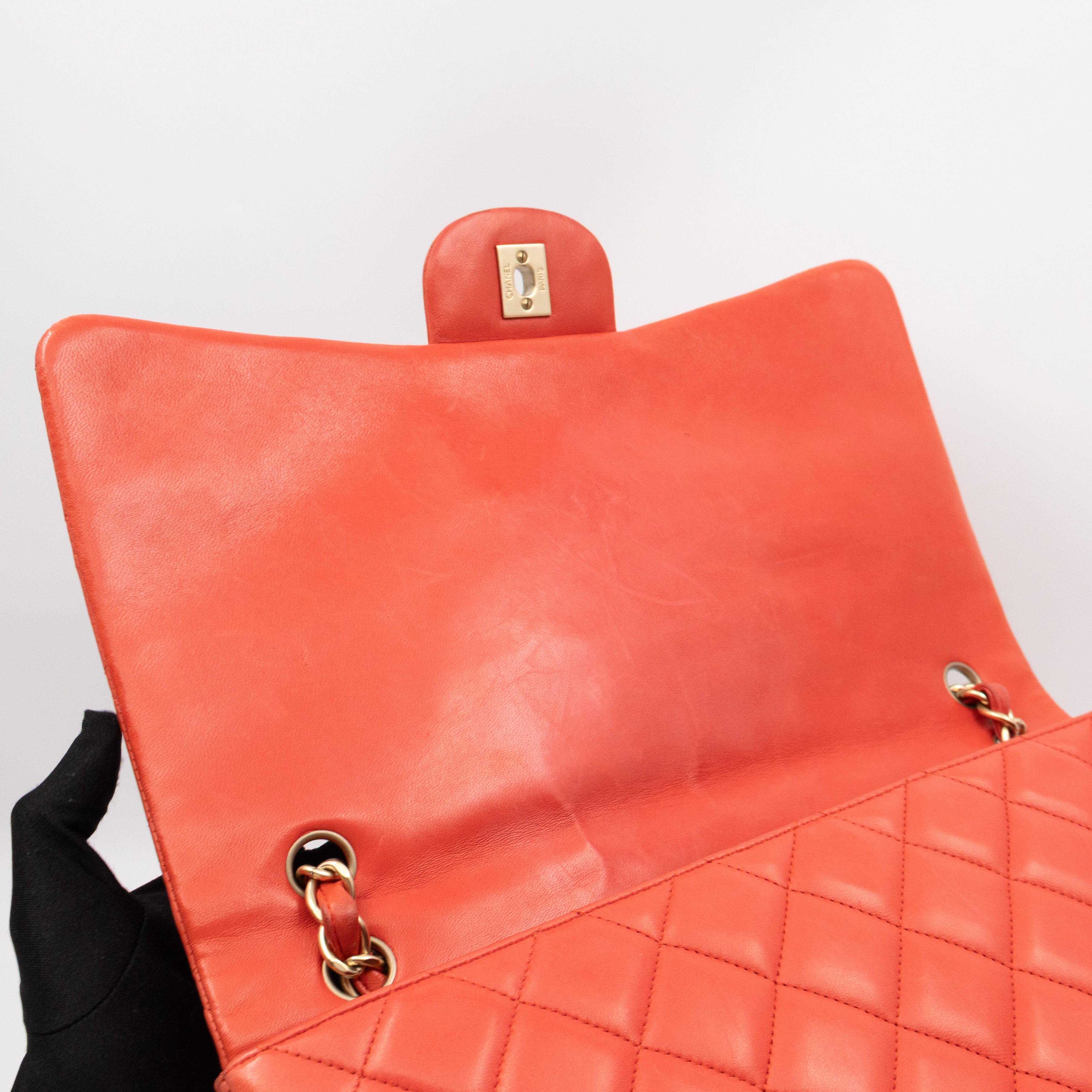 Classic Single Flap Maxi Orange Lambskin Leather