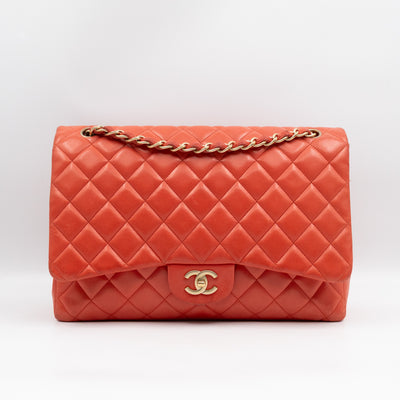 Classic Single Flap Maxi Orange Lambskin Leather