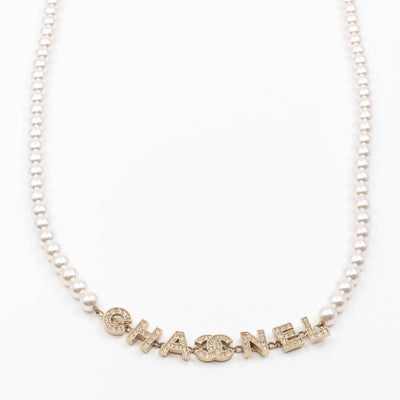 Crystal Chanel Logo Pearl Necklace