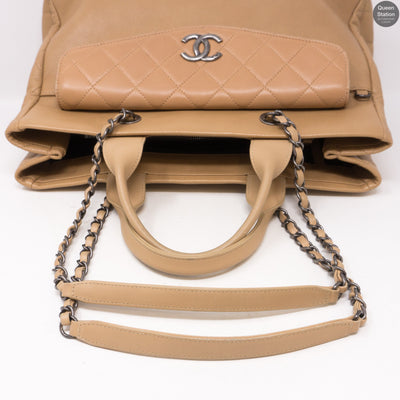 Beige Quilted Tote Bag With Pouch