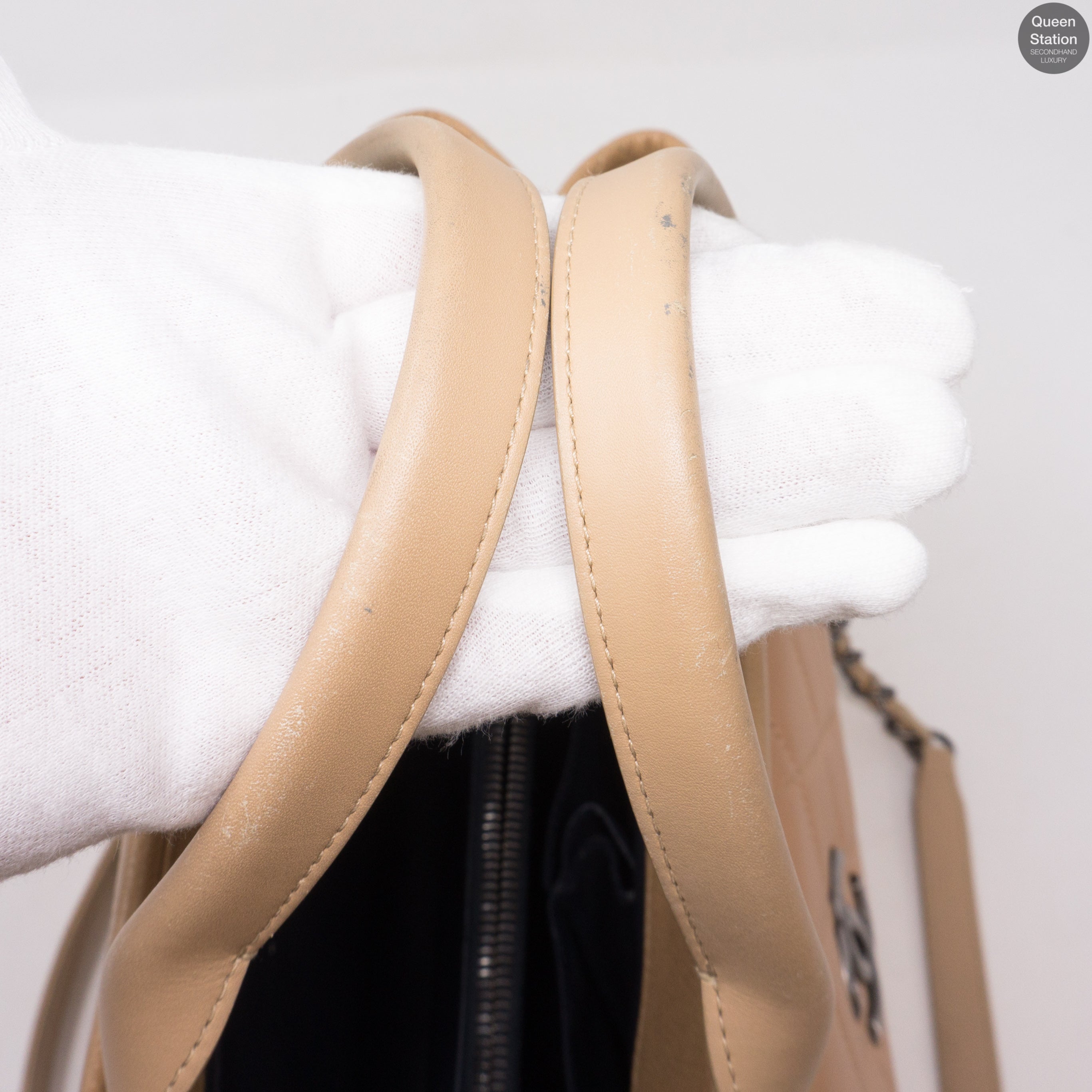 Beige Quilted Tote Bag With Pouch