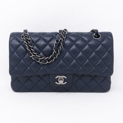 Classic Double Flap Medium Navy Blue Silver