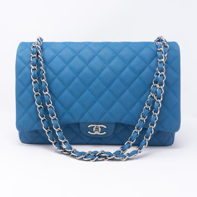 Classic Double Flap Maxi Blue Matte Caviar Leather
