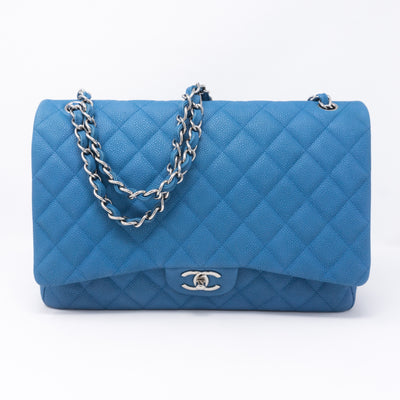 Classic Double Flap Maxi Blue Matte Caviar Leather