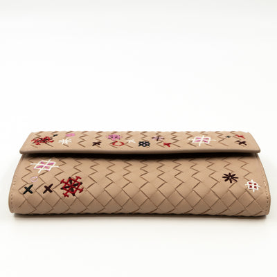 Trifold Wallet Embroidered Intrecciato Leather Beige