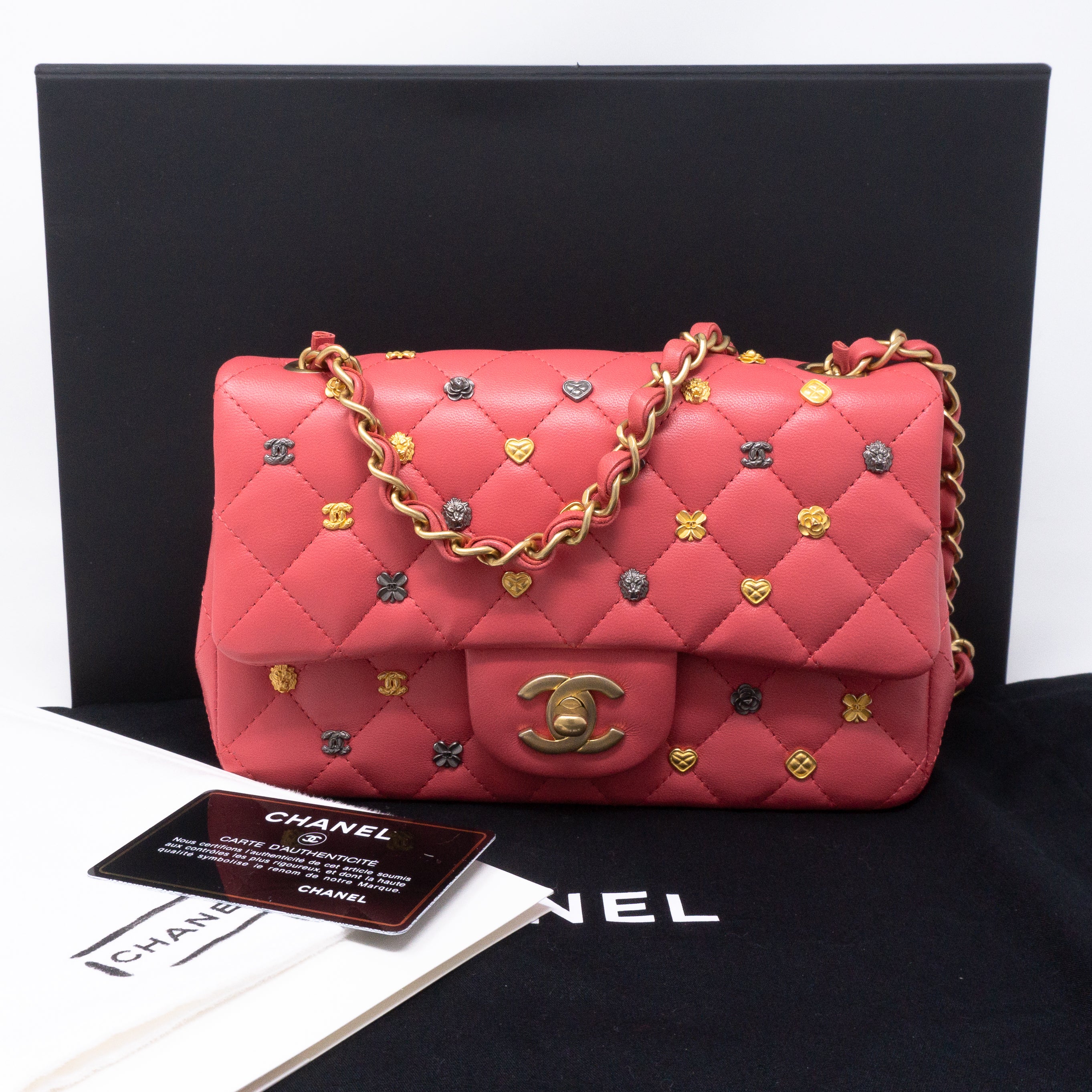 Classic Single Flap Mini Charms Pink Leather