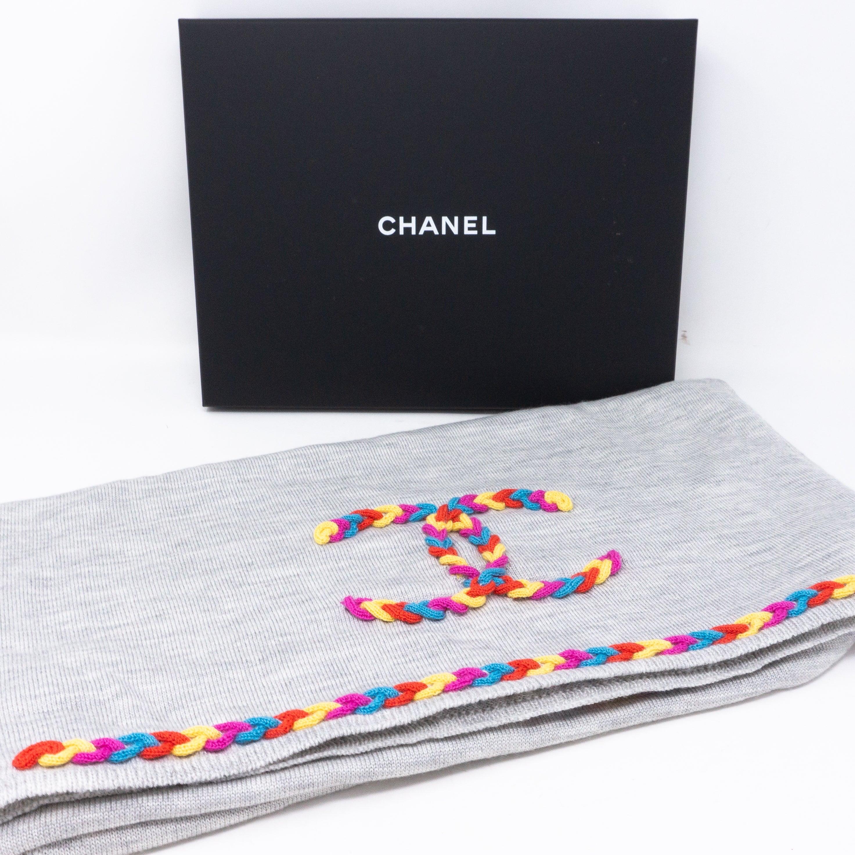 Colorful CC Long Scarf Gray Wool & Silk
