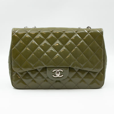 Classic Single Flap Jumbo Green Gray Patent Leather