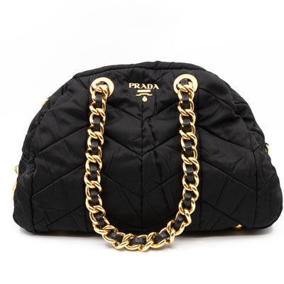 Chain Bowler Bag Black Quilted Tessuto