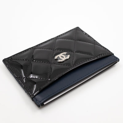 Card Holder Black Blue Patent Leather