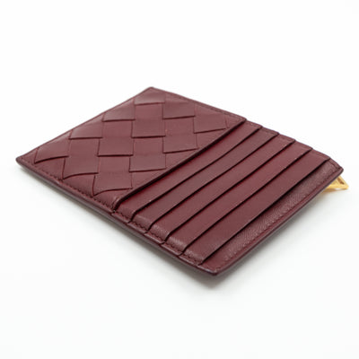 Zipped Card Case Intrecciato Leather Burgundy