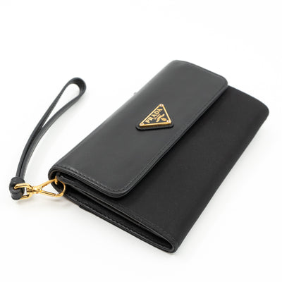 Leather Flap Nylon Wristlet Wallet Black