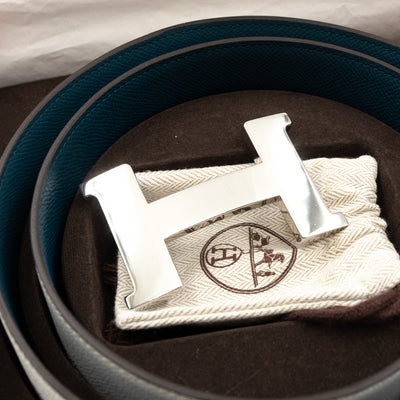 H Buckle Reversible Leather Belt 85 White & Blue