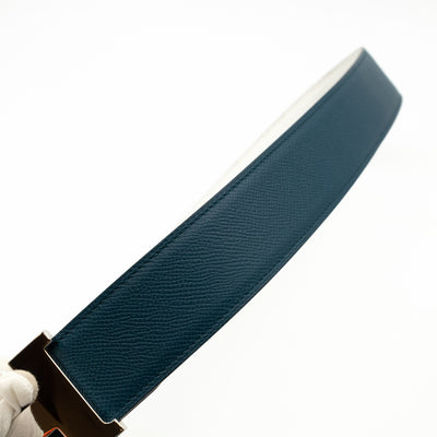 H Buckle Reversible Leather Belt 85 White & Blue
