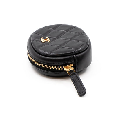 Zip Around Round Coin Purse Black Leather