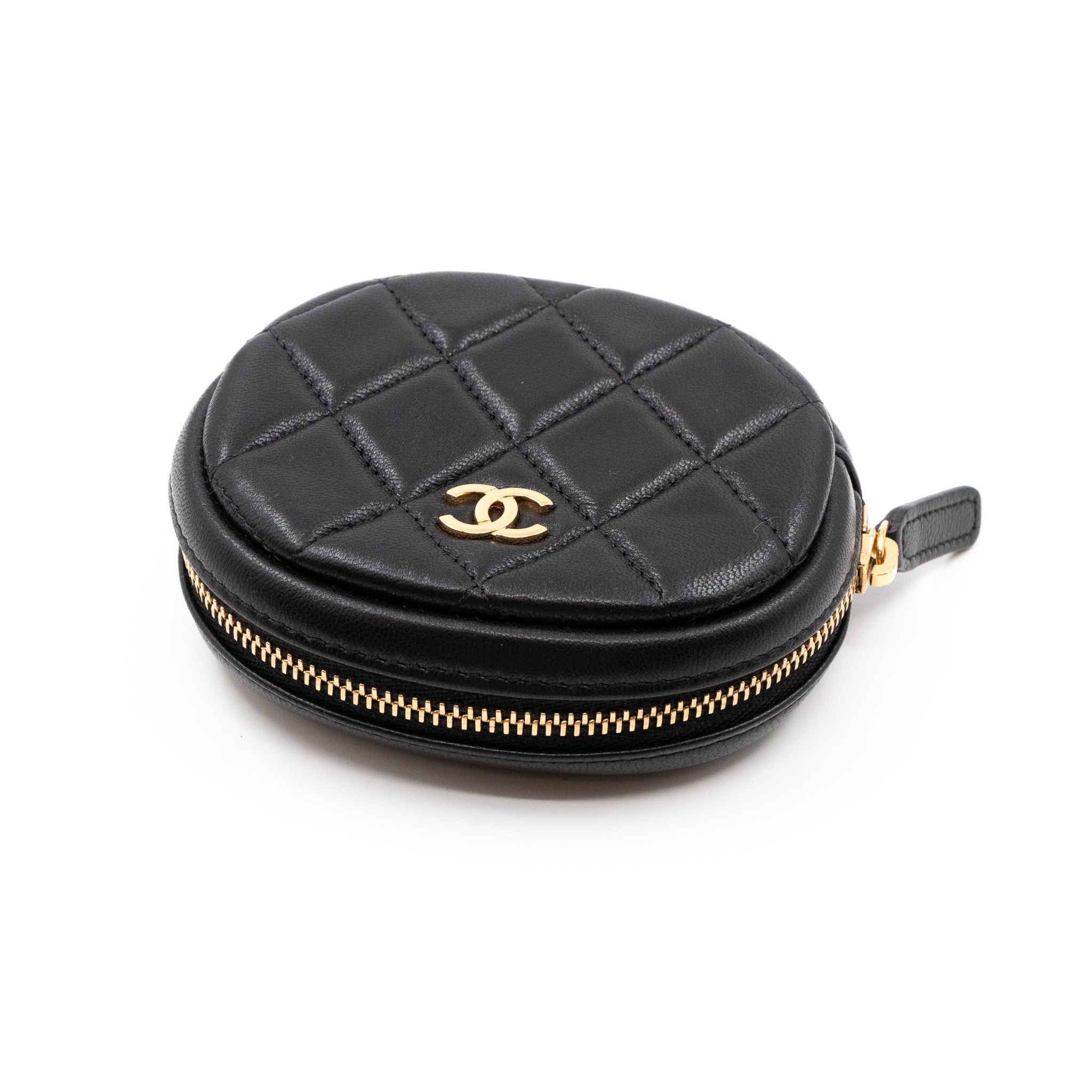 Zip Around Round Coin Purse Black Leather