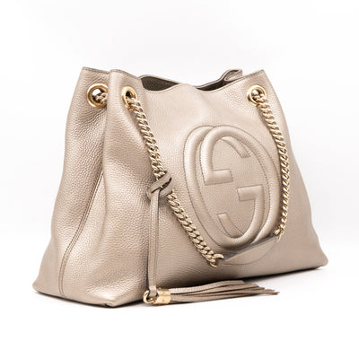 Soho Tassel Chain Tote Metallic Champagne Leather