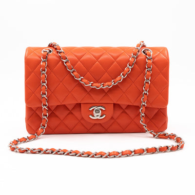 Classic Double Flap Bag Medium Orange Red Leather Silver