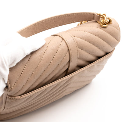 College Medium Chevron Quilted Dark Beige Leather
