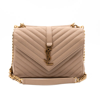 College Medium Chevron Quilted Dark Beige Leather