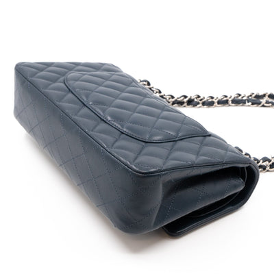 Classic Double Flap Bag Medium Navy Blue Leather Silver