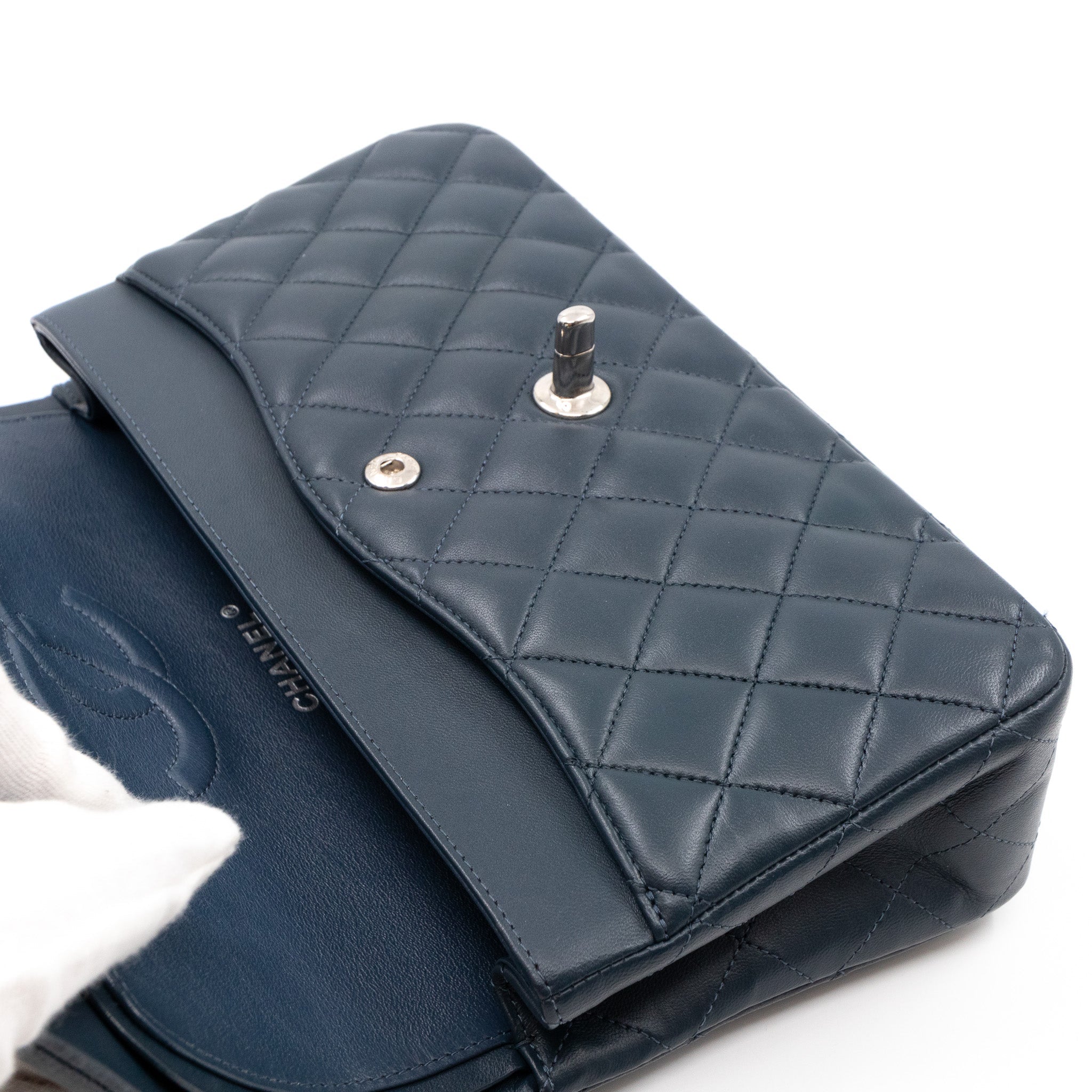 Classic Double Flap Bag Medium Navy Blue Leather Silver