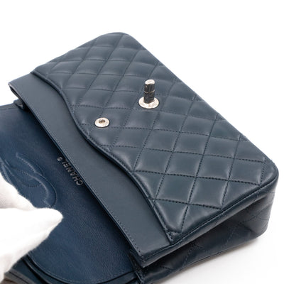 Classic Double Flap Bag Medium Navy Blue Leather Silver