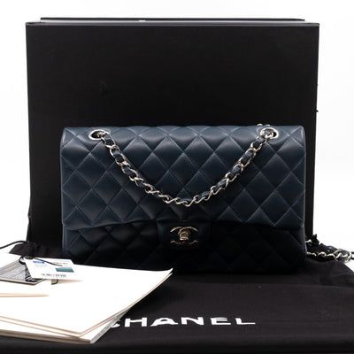 Classic Double Flap Bag Medium Navy Blue Leather Silver
